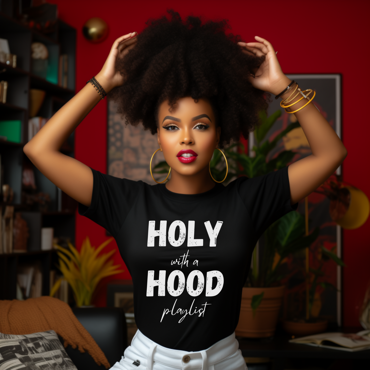 "Holy with a Hood playlist" Faith-Inspired Short Sleeve T-Shirt
