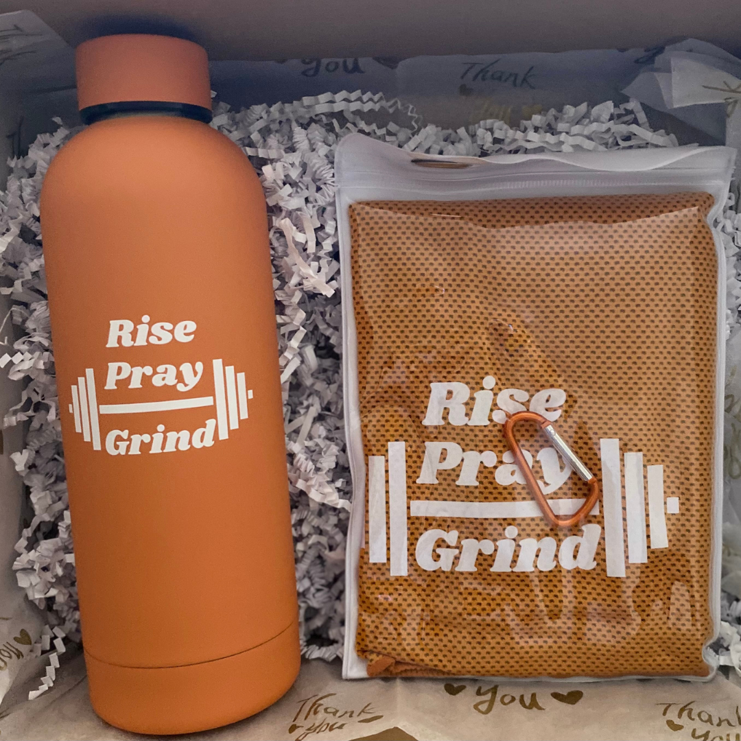 "Rise, Pray, Grind" Faith-Based Water Bottle & Cooling Towel Set