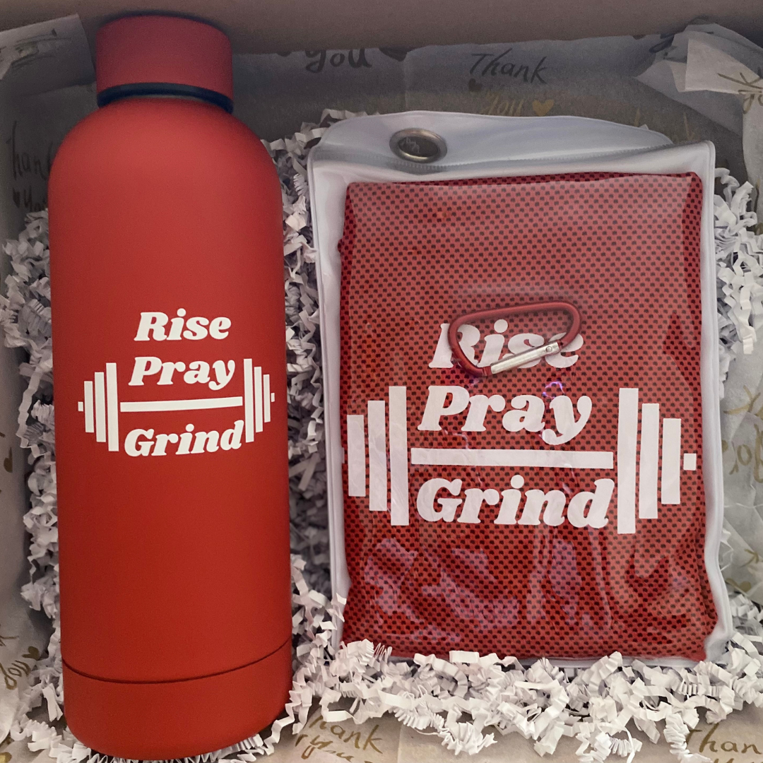 "Rise, Pray, Grind" Faith-Based Water Bottle & Cooling Towel Set